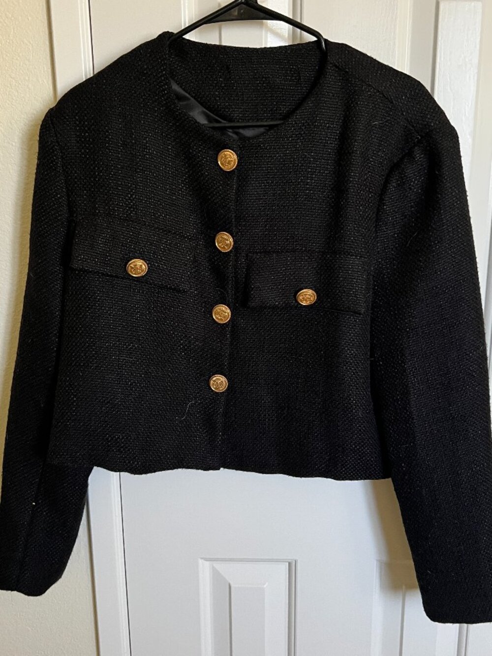 Women Crop Tweed Blazer, Black, Size M